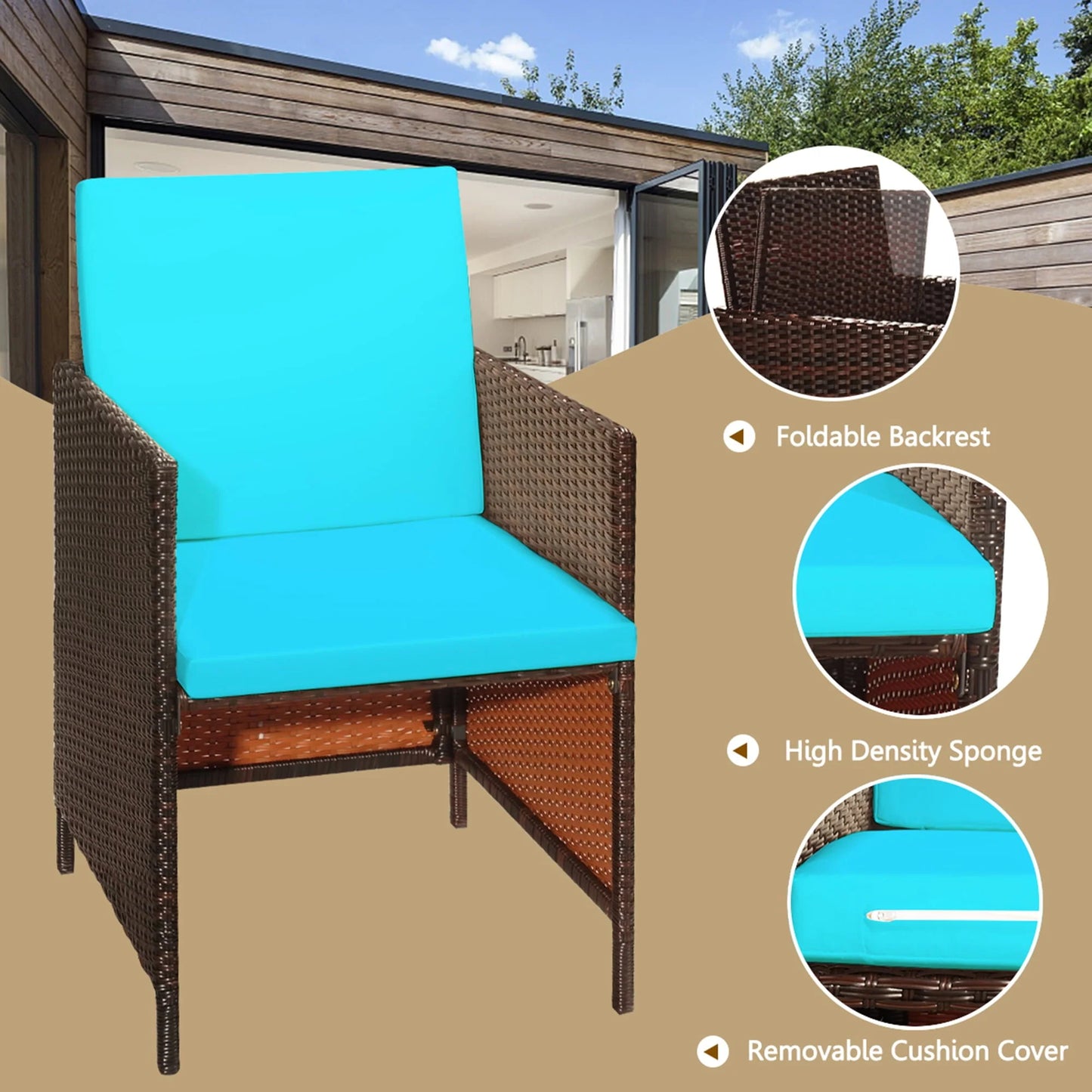 Gymax 9PCS Rattan Wicker Patio Dining Set Outdoor Furniture Set w/Turquoise Cushion