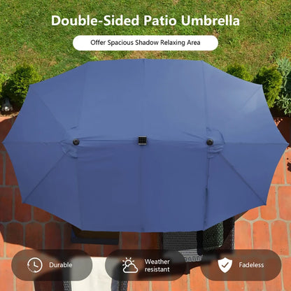 Kepooman Patio Umbrella, Outdoor Market Umbrella, 15 Feet Double-Sided Patio Umbrella with 48 LED Lights-Navy