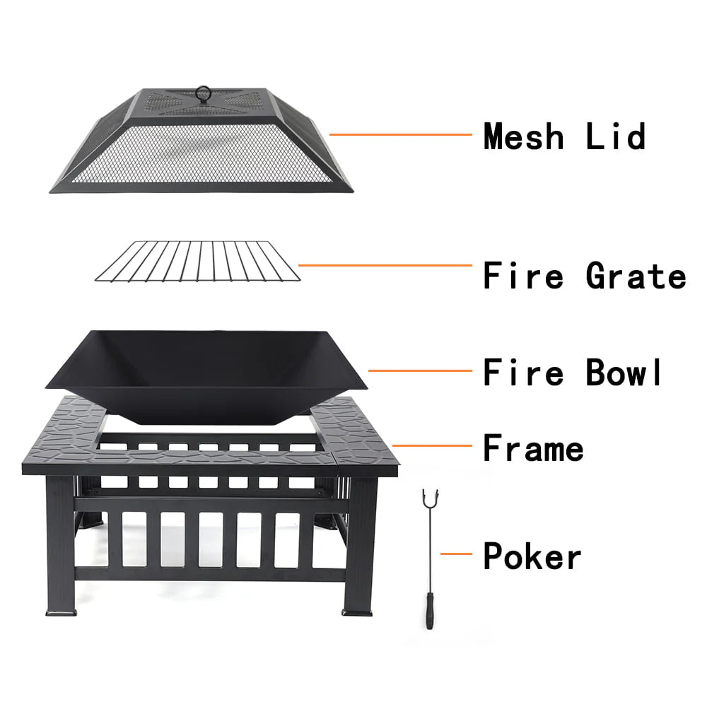 SEGMART Outdoor Fire Pit, 32" Square Metal Fire Pit Table, Stove Wood Burning Fire Pit Bowl, Spark Screen & Log Poker, Ideal for Yard Patio Beach Picnic Bonfire