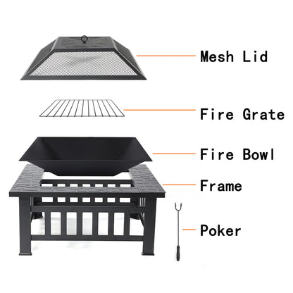 SEGMART Outdoor Fire Pit, 32" Square Metal Fire Pit Table, Stove Wood Burning Fire Pit Bowl, Spark Screen & Log Poker, Ideal for Yard Patio Beach Picnic Bonfire