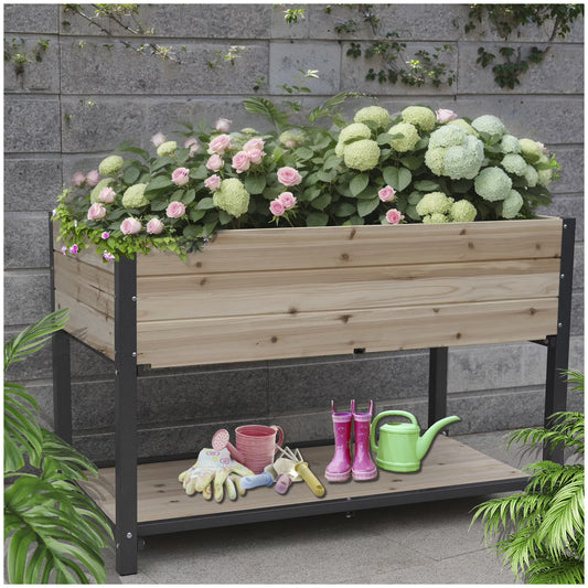 Durable Raised Garden Bed with Iron Frame and Solid Wood Panels, Elevated Planter Box for Patio, Balcony, Outdoor Gardening