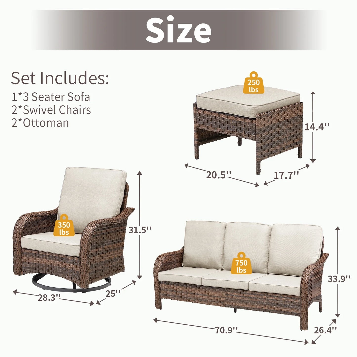 Planntonneo 5 Pieces Wicker Patio Furniture Set Deals, Outdoor Couch Set with Swivel Rocking Chairs and Ottomans for Porch Backyard Garden