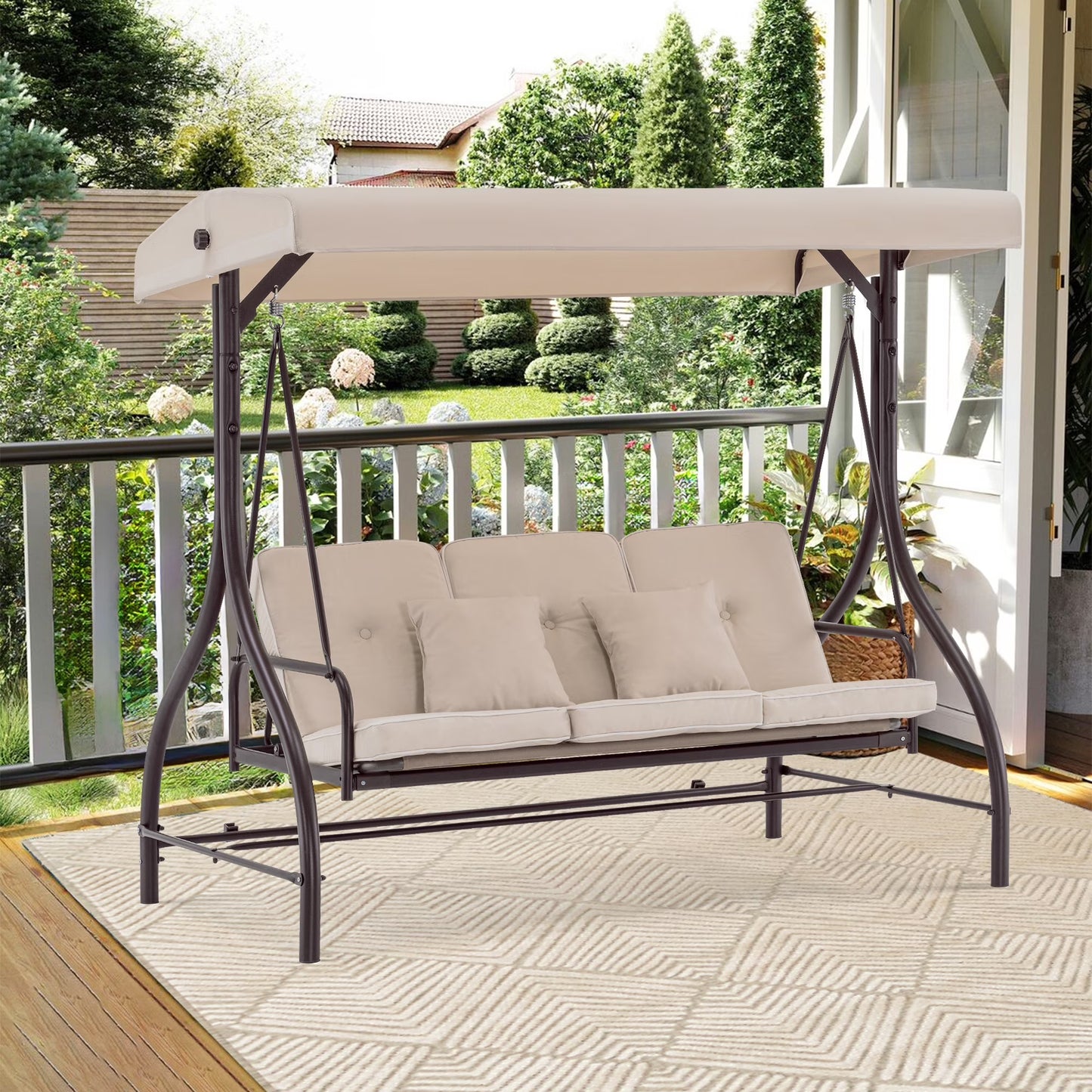 MCombo 3-Seat Outdoor Patio Swing Chair Cushioned with Adjustable Backrest and Canopy, Pillow, Brown