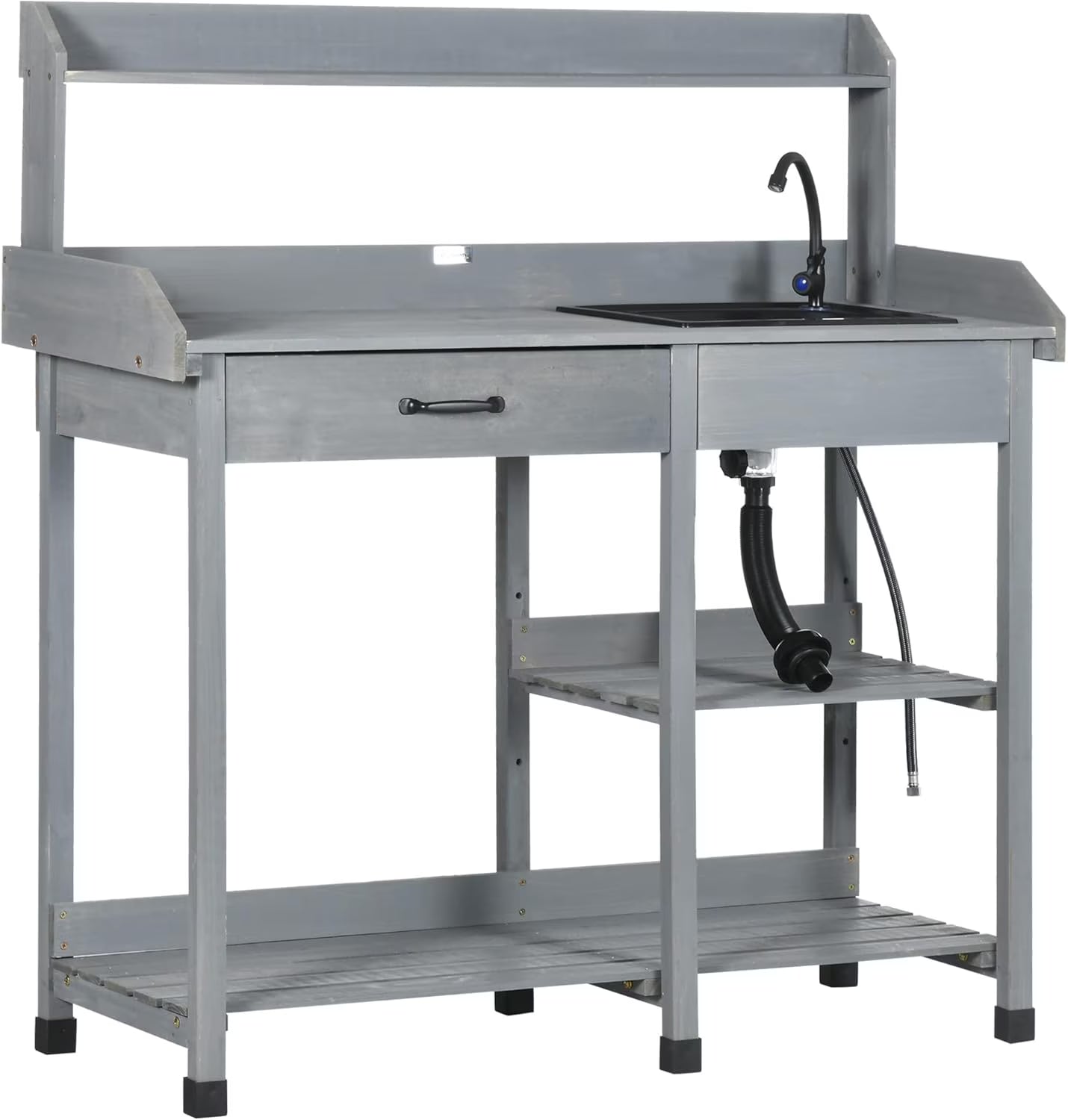 SSyao Potting Bench Table, Outdoor Wooden Garden Workstation with Removable Sink, Faucet, Storage Drawer, Shelves & Tool Hooks, Gardening Table for Patio, Backyard, Greenhouse, Planting Tasks,Gray