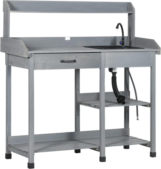 SSyao Potting Bench Table, Outdoor Wooden Garden Workstation with Removable Sink, Faucet, Storage Drawer, Shelves & Tool Hooks, Gardening Table for Patio, Backyard, Greenhouse, Planting Tasks,Gray