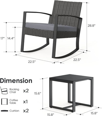 Patio Chairs Set, Outdoor Porch Balcony Furniture Set with Glass Coffee Table, Patio Rocking Wicker Chairs Set with Gray Cushion(Upgraded)