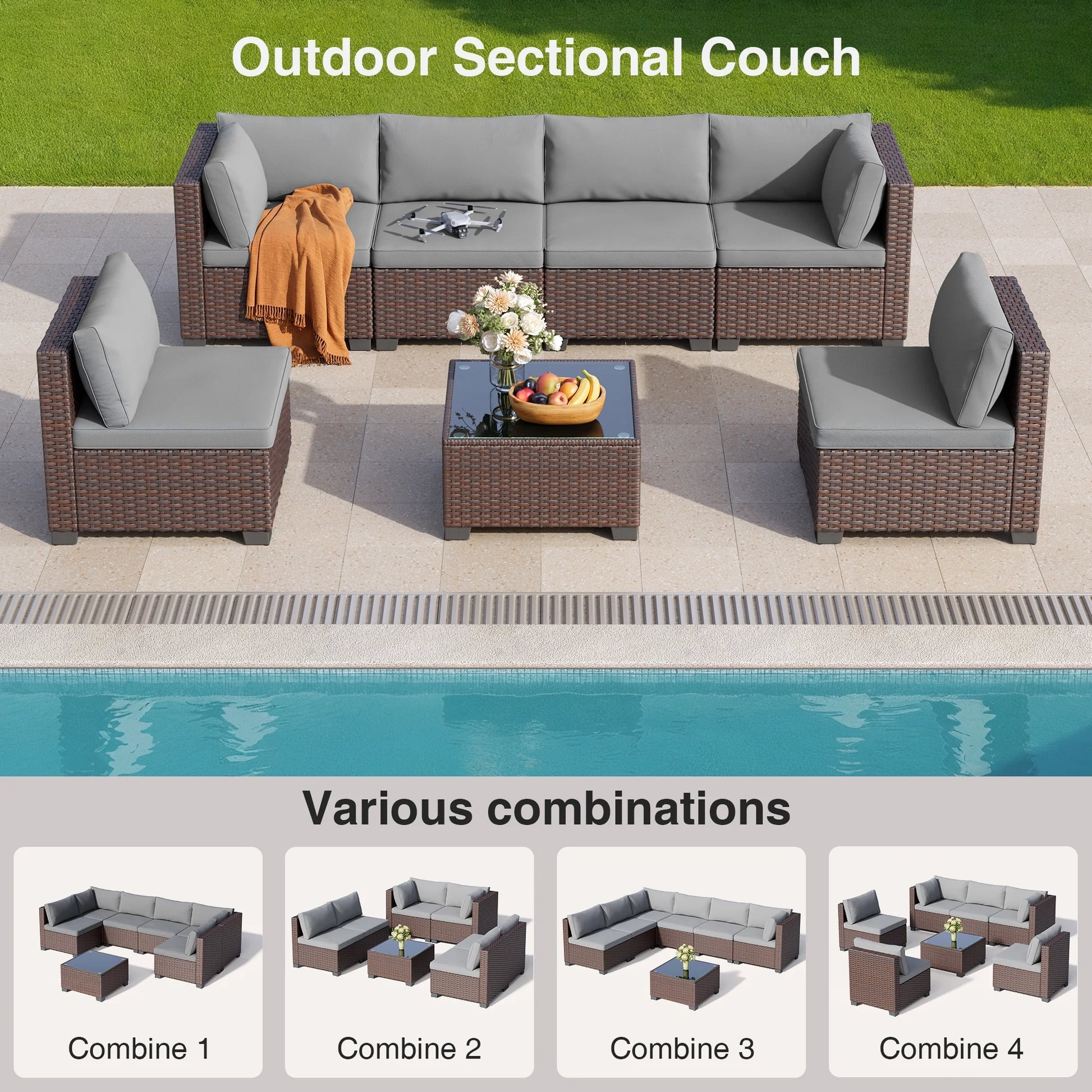 Aiho 7-Piece Rattan Patio Furniture Set , Outdoor Sectional Furniture Set for Patio, Garden, Backyard, Grey