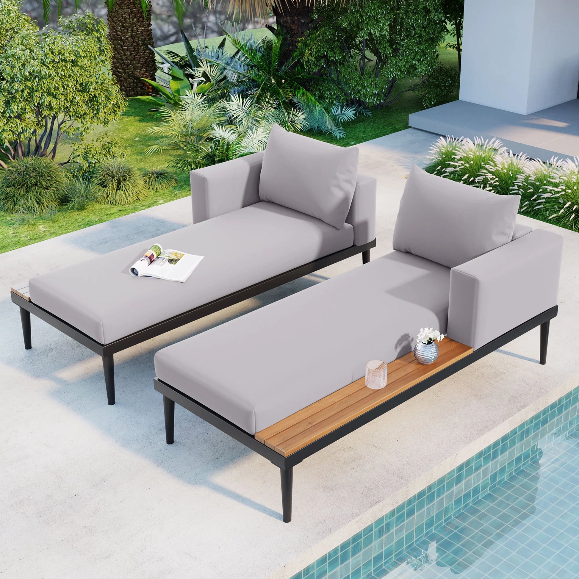 Harper & Bright Designs Patio Outdoor Metal Daybed for 2, All Weather Outdoor Chaise Lounges Reclining Chairs with Wood Topped Side Spaces for Drinks for Poolside Balcony Deck, Gray
