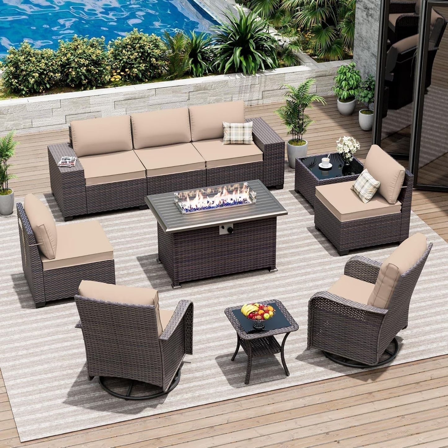 ASJMR 10 Pieces Wicker Patio Furniture Set With 43" Gas Fire Pit Table & 2 Swivel Chairs,Outdoor Rattan Sectional Sofa Conversation Set With Cushions & Tables,Green