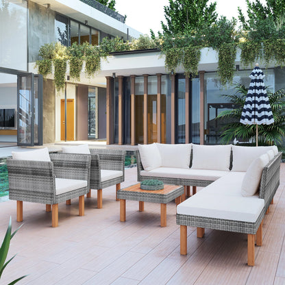 CoSoTower 9-Piece Outdoor Patio Garden Wicker Sofa Set, Gray PE Rattan Sofa Set, with Wood Legs, Acacia Wood Tabletop, Armrest Chairs with Beige Cushions