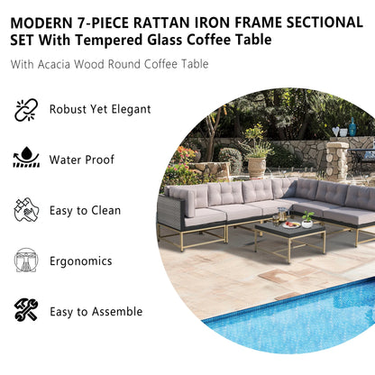 7 Pieces Patio Funiture Set, Outdoor Furniture Sectional Sofa Set,Manual Wicker Rattan Patio Conversation Set Heavy-duty Frame, with Cushions and Table, Gray