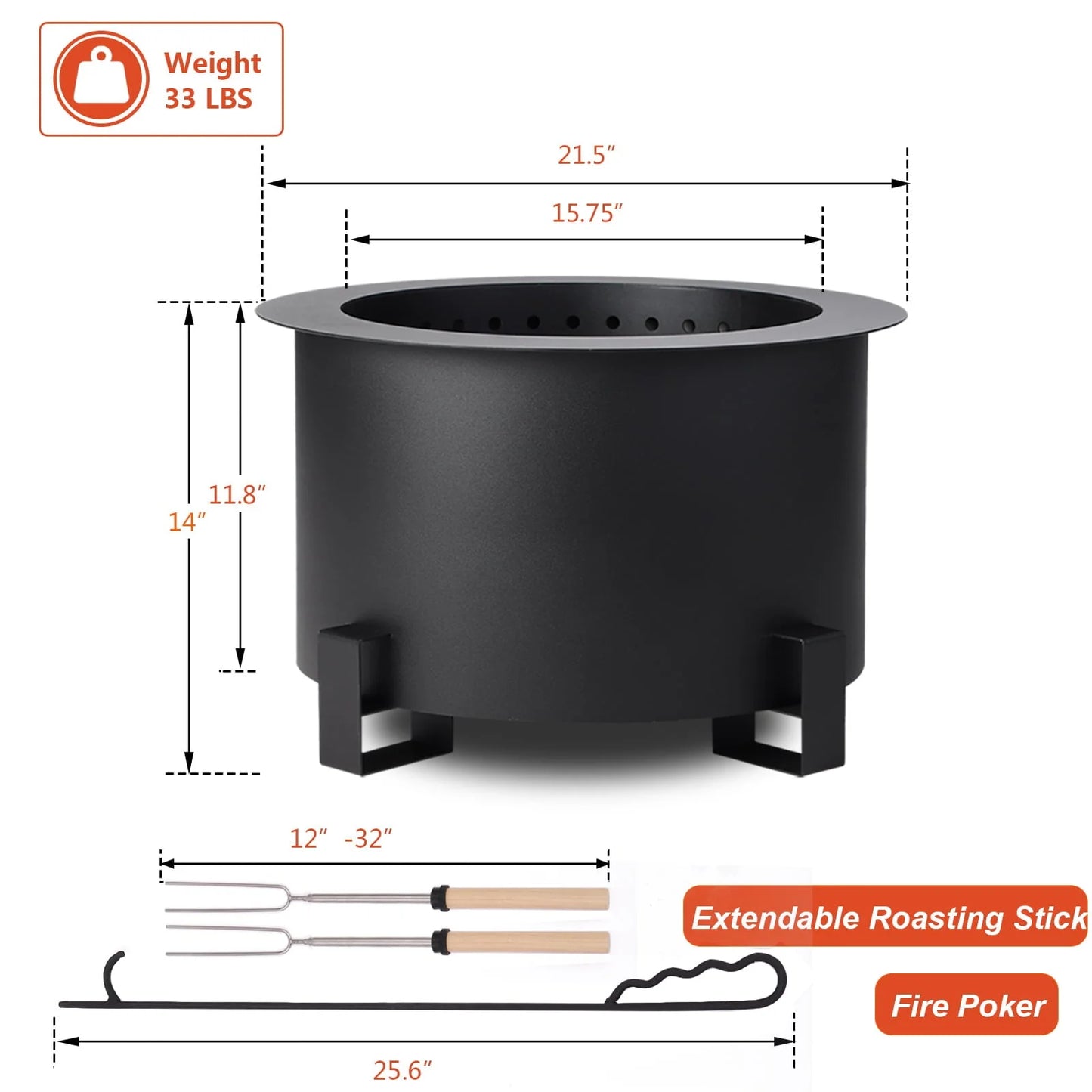 MAGIC UNION 21.5 Inch Smokeless Metal Fire Pit Large Wood Burning Bonfire Firepit with Handle Poker Waterproof Cover for Backyard Patio (Black)