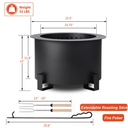 MAGIC UNION 21.5 Inch Smokeless Metal Fire Pit Large Wood Burning Bonfire Firepit with Handle Poker Waterproof Cover for Backyard Patio (Black)