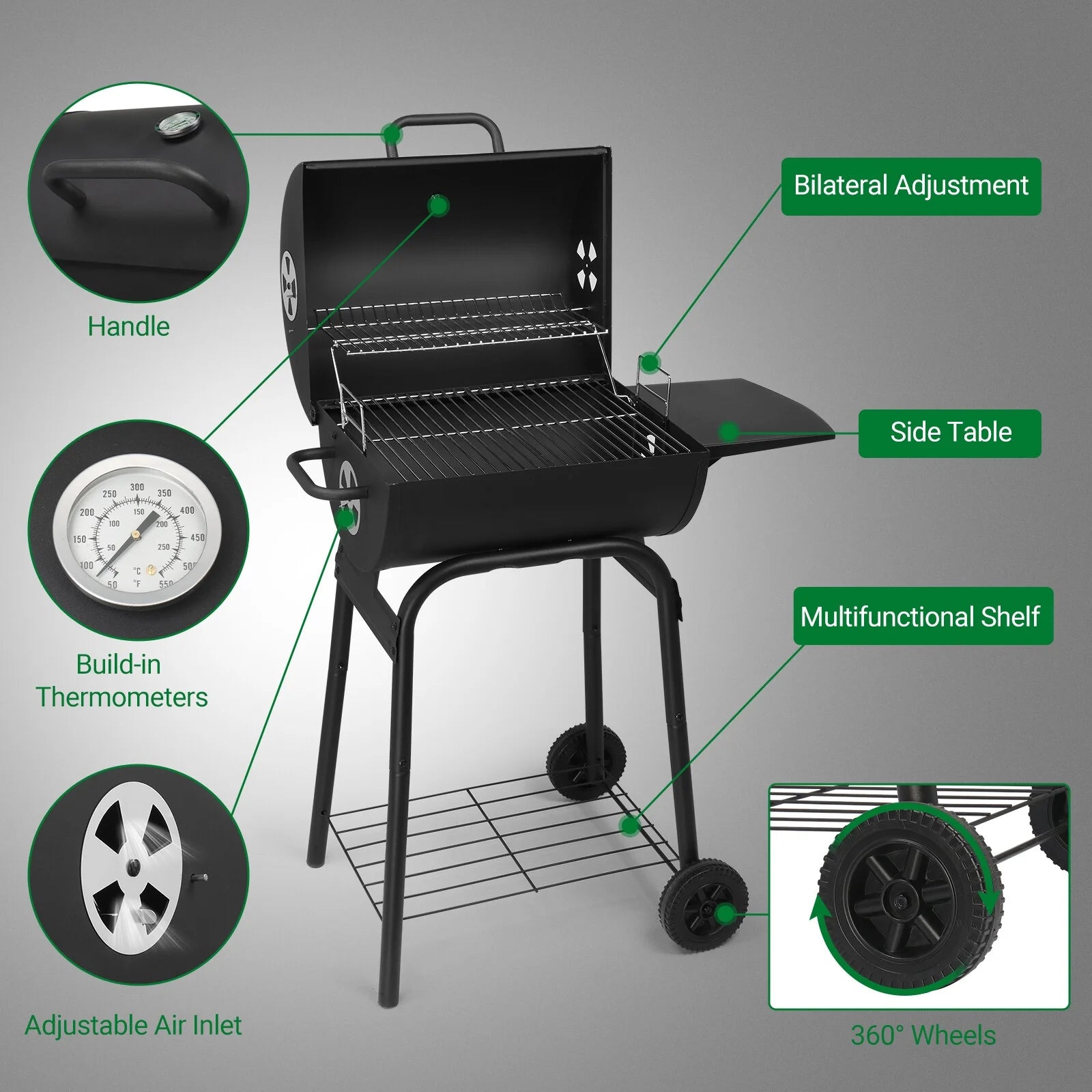 SEEKOL Barrel Charcoal Grill with Side Table, BBQ Grill Outdoor Smoker Grill with Wheels for Party Garden Patio and Backyard Cooking