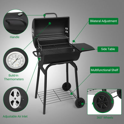 SEEKOL Barrel Charcoal Grill with Side Table, BBQ Grill Outdoor Smoker Grill with Wheels for Party Garden Patio and Backyard Cooking