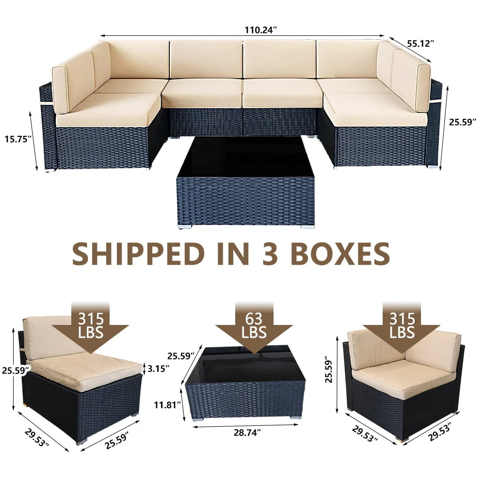 7 Piece Rattan Sectional Sofa Set, Outdoor Conversation Set, All-Weather Wicker Sectional Seating Group with Cushions & Coffee Table, Morden Furniture Couch Set for Patio Deck Garden Pool, K2774