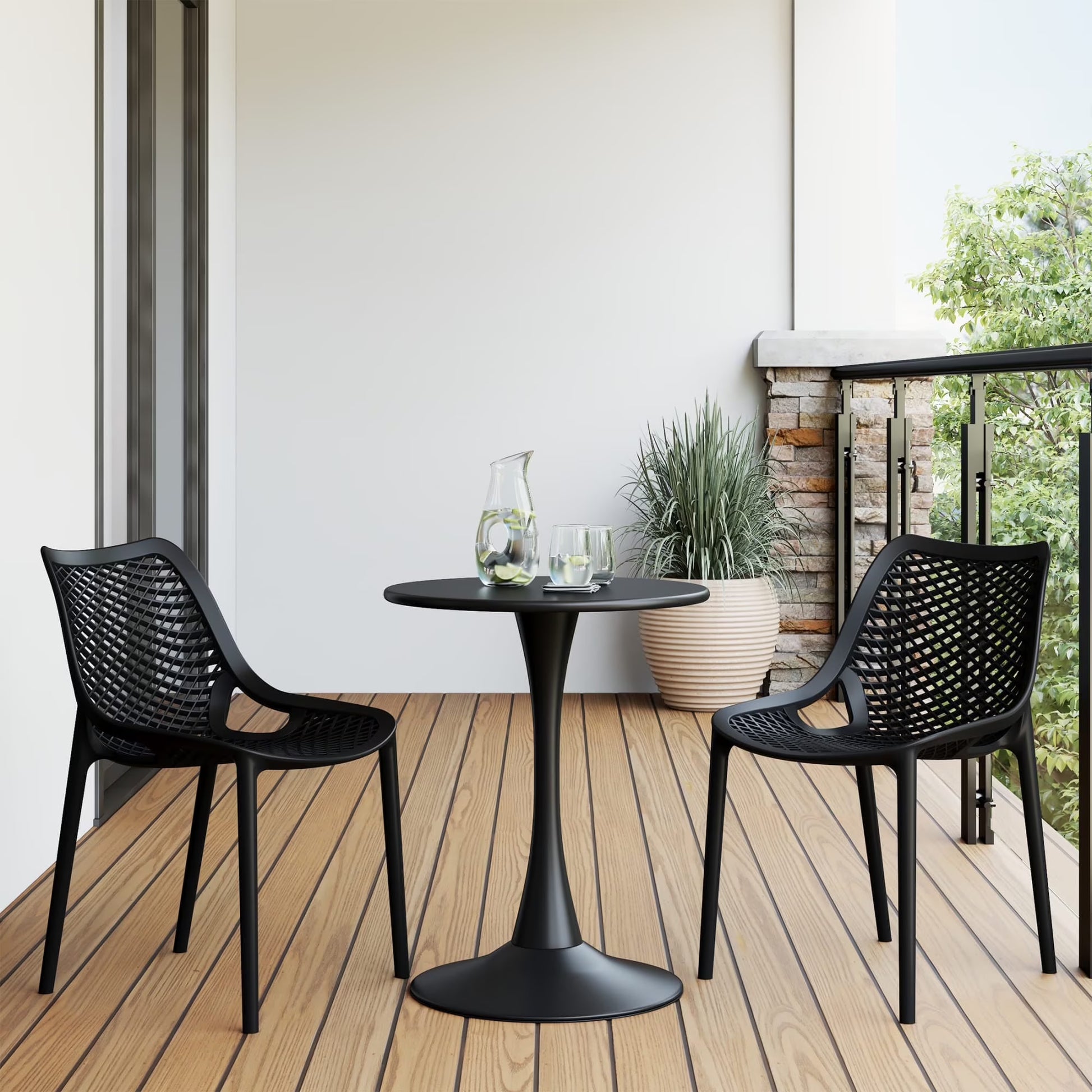WestinTrends Playa 3-Piece Outdoor Round Metal Dining Table Set And Stackable Resin Patio Dining Side Chairs, Olive Green