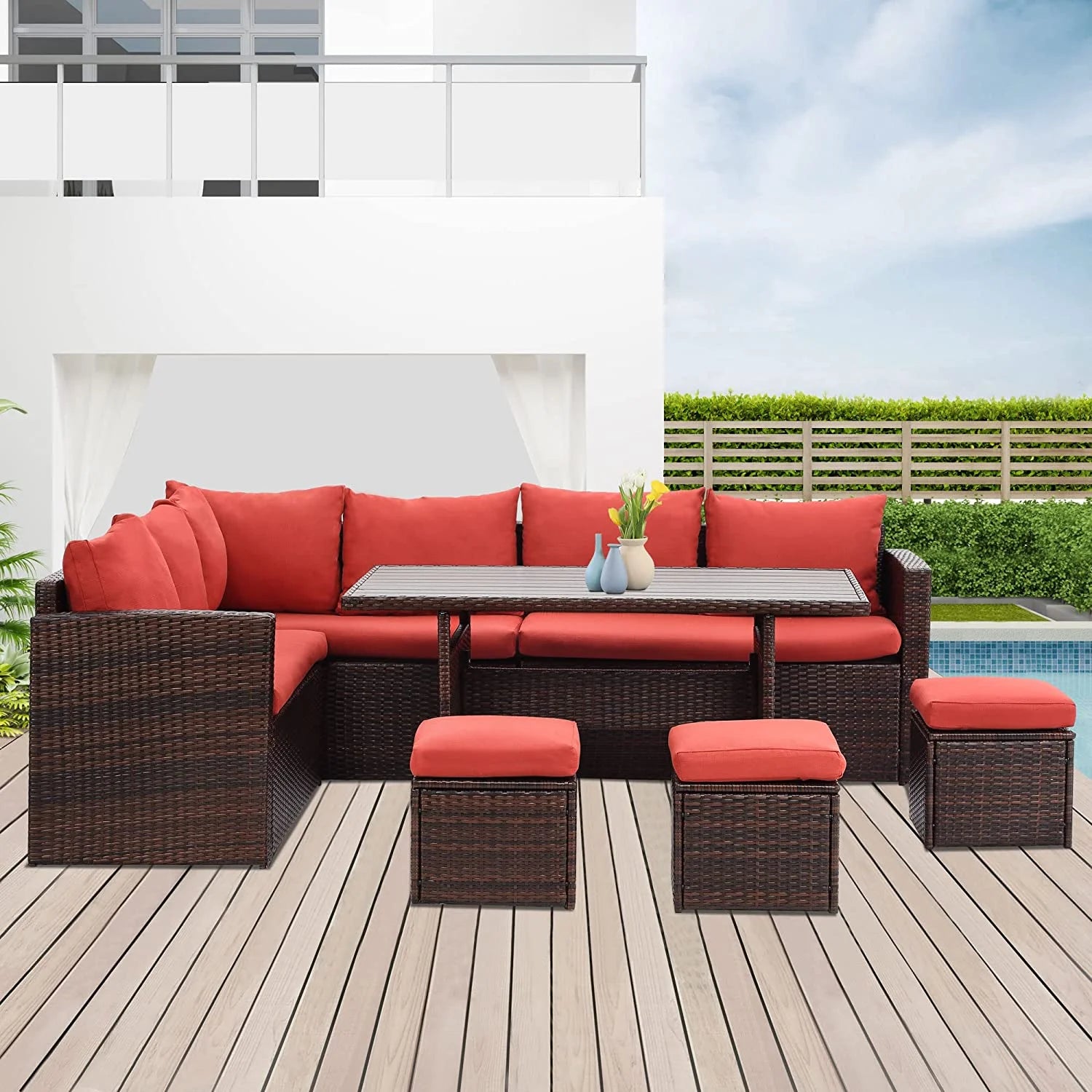 Superjoe 7 Pieces Outdoor Patio Furniture Set with Ottoman, Blue