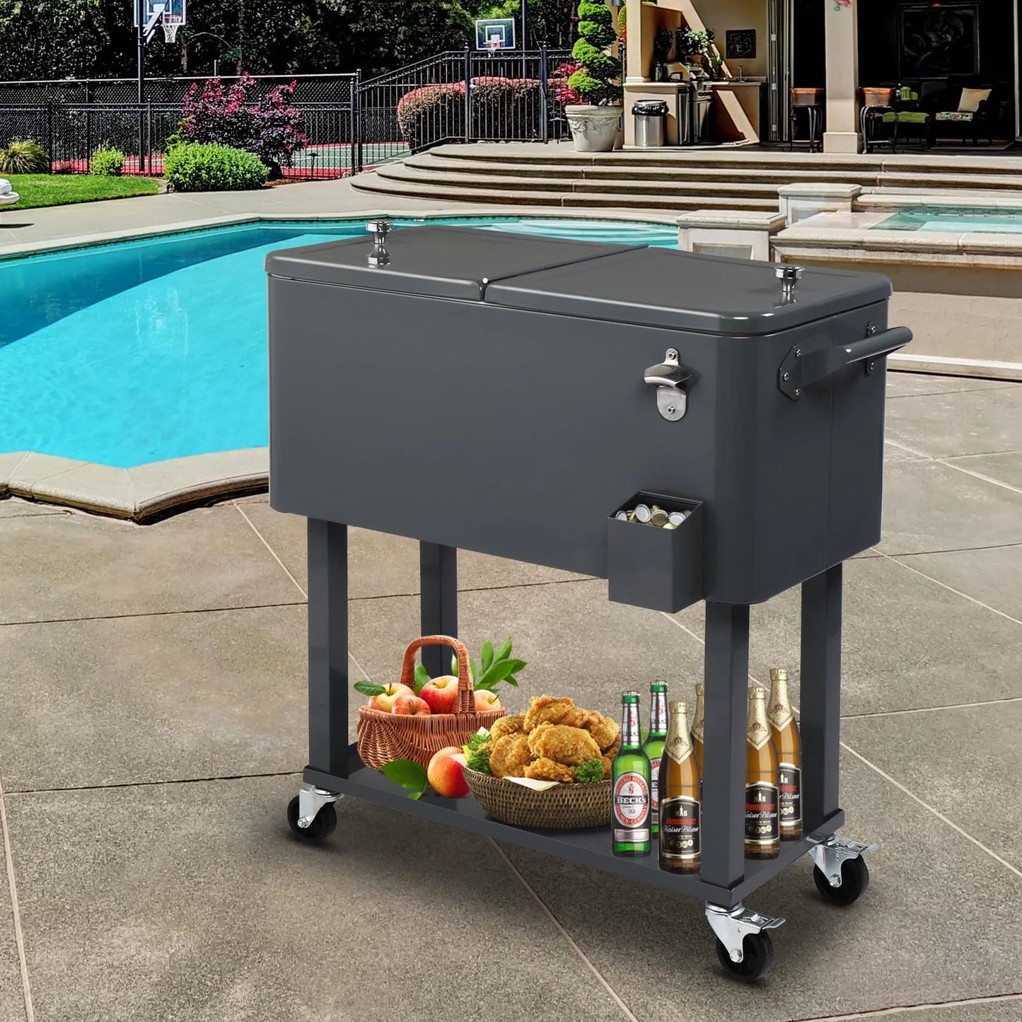EasingRoom Iron Spray Plastic Patio Cooler Cart with Tray Cooler with Shelf Green