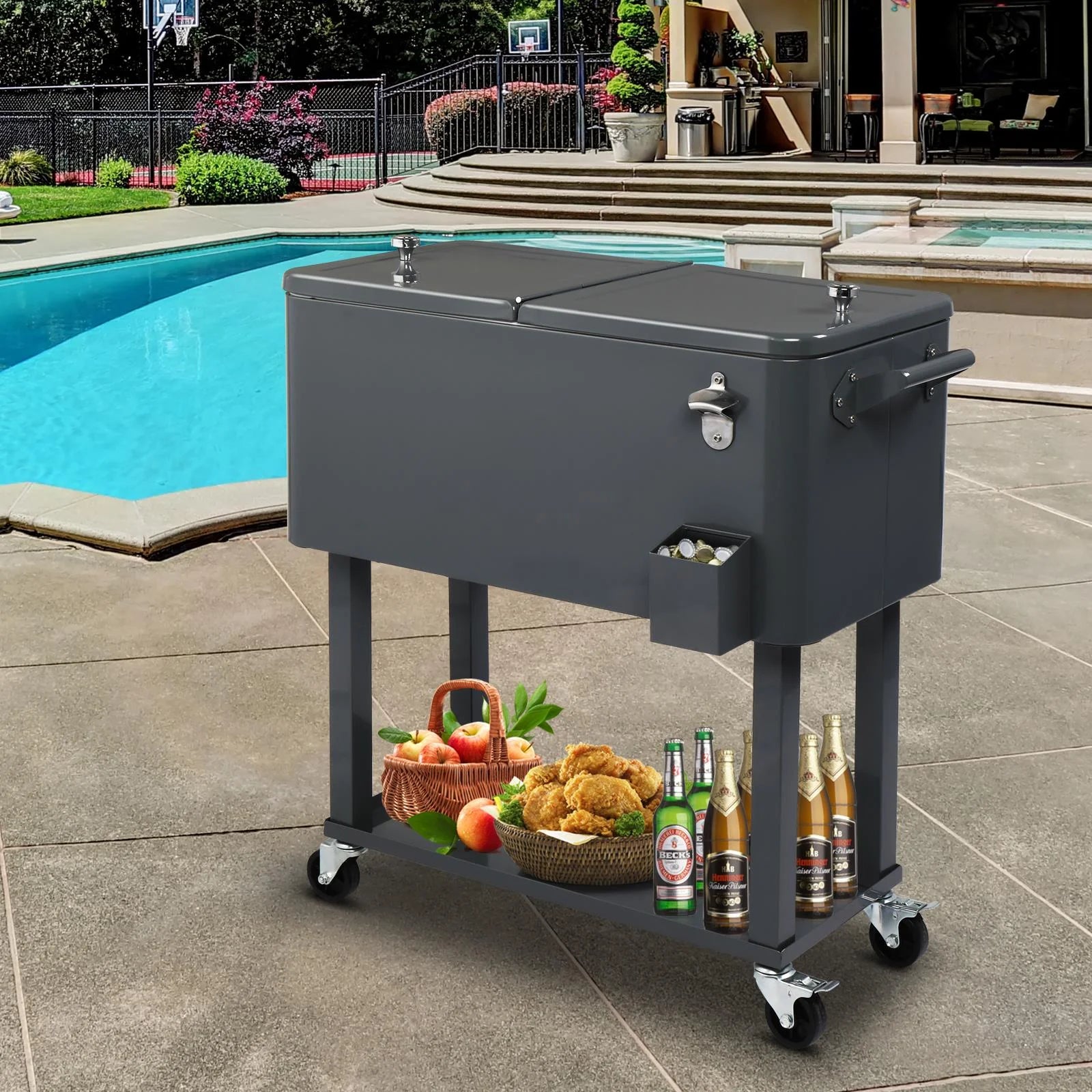 EasingRoom Iron Spray Plastic Patio Cooler Cart with Tray Cooler with Shelf Green