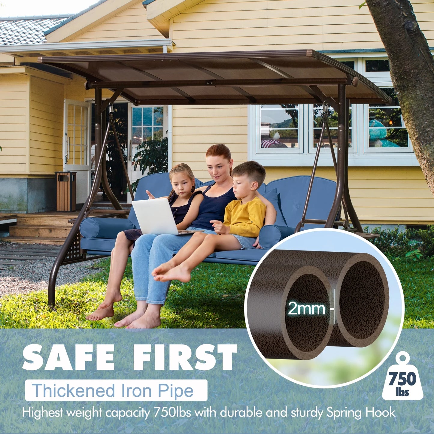 3-Seat Patio Porch Swing with Adjustable Hardtop,3 in 1 Convertible Outdoor Porch Swing for Adults,Patio Swing with Thicken Cushion,Pillows & Cup Holders for Porch,Backyard,Garden (Blue)