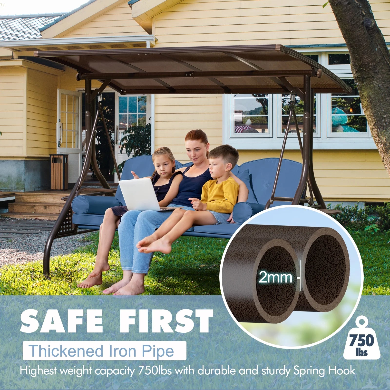 3-Seat Patio Porch Swing with Adjustable Hardtop,3 in 1 Convertible Outdoor Porch Swing for Adults,Patio Swing with Thicken Cushion,Pillows & Cup Holders for Porch,Backyard,Garden (Blue)