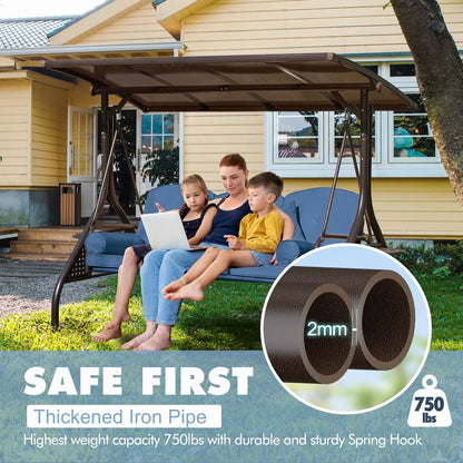 3-Seat Patio Porch Swing with Adjustable Hardtop,3 in 1 Convertible Outdoor Porch Swing for Adults,Patio Swing with Thicken Cushion,Pillows & Cup Holders for Porch,Backyard,Garden (Blue)