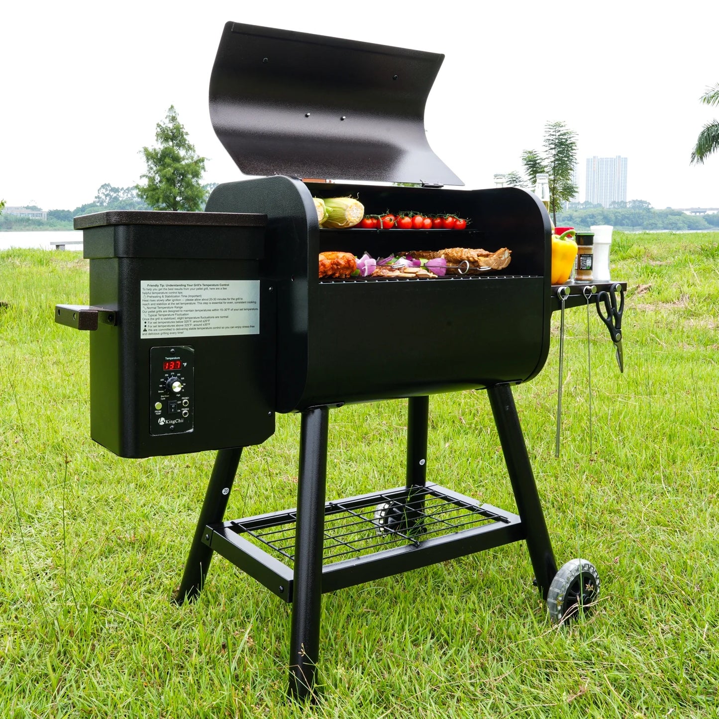 KingChii Pellet Grill Smoker with Side Shelf, 456 SQ.IN Grill with PID Temperature Control for Outdoor Cooking, BBQ Camping and Patio, Brown