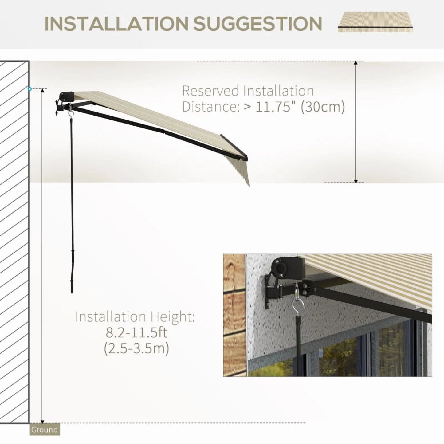 Outsunny 12' x 10' Retractable Awning, Patio Awning Sunshade Shelter with Manual Crank Handle, 280gsm UV Resistant Fabric and Aluminum Frame for Deck, Balcony, Yard, Beige and White On-Site