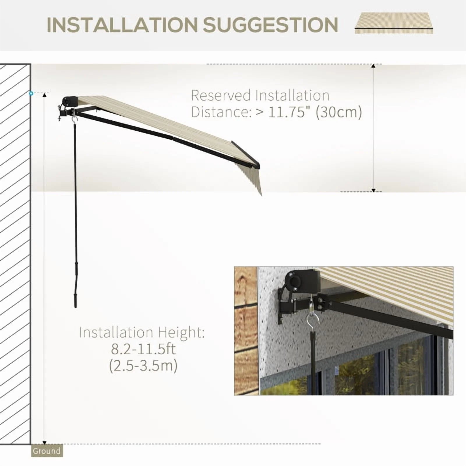 Outsunny 12' x 10' Retractable Awning, Patio Awning Sunshade Shelter with Manual Crank Handle, 280gsm UV Resistant Fabric and Aluminum Frame for Deck, Balcony, Yard, Beige and White On-Site