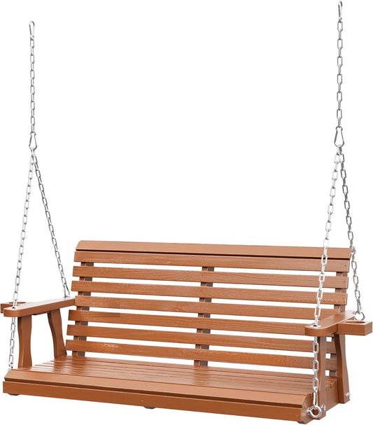 SUNCROWN Porch Swing 2-Seater, Wooden Outdoor Swing Bench with Cup Holder and Chains, 440 LBS Weight Capacity Outdoor Hanging Bench Swing for Patio & Garden (Brown)
