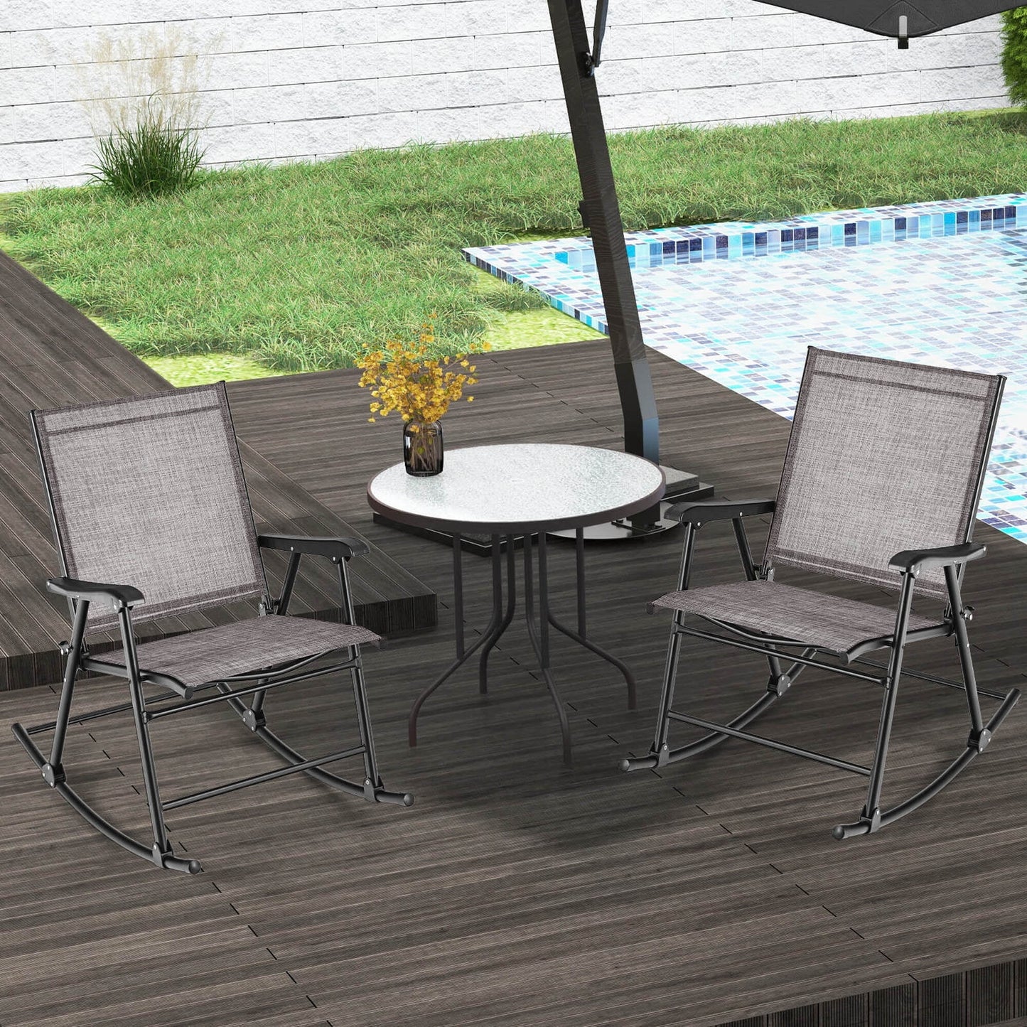 Costway 2pcs Patio Folding Rocking Chair Heavy-Duty Metal Frame Rockers Outdoor Brown