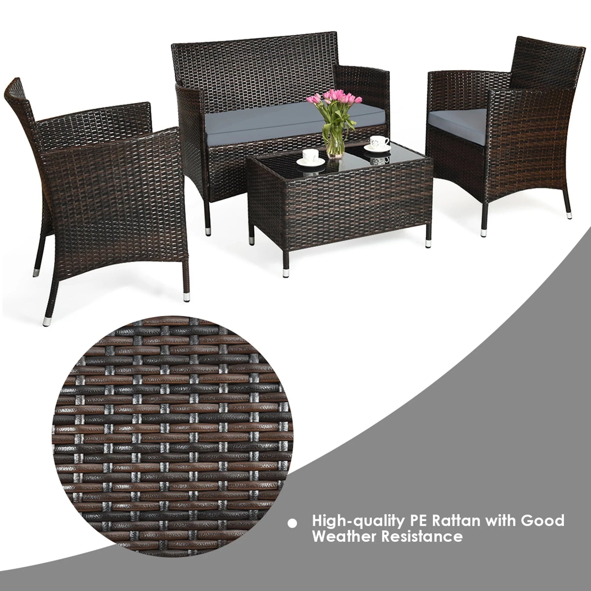 Gymax 4PCS Patio Rattan Conversation Furniture Set Outdoor w/Gray Cushion