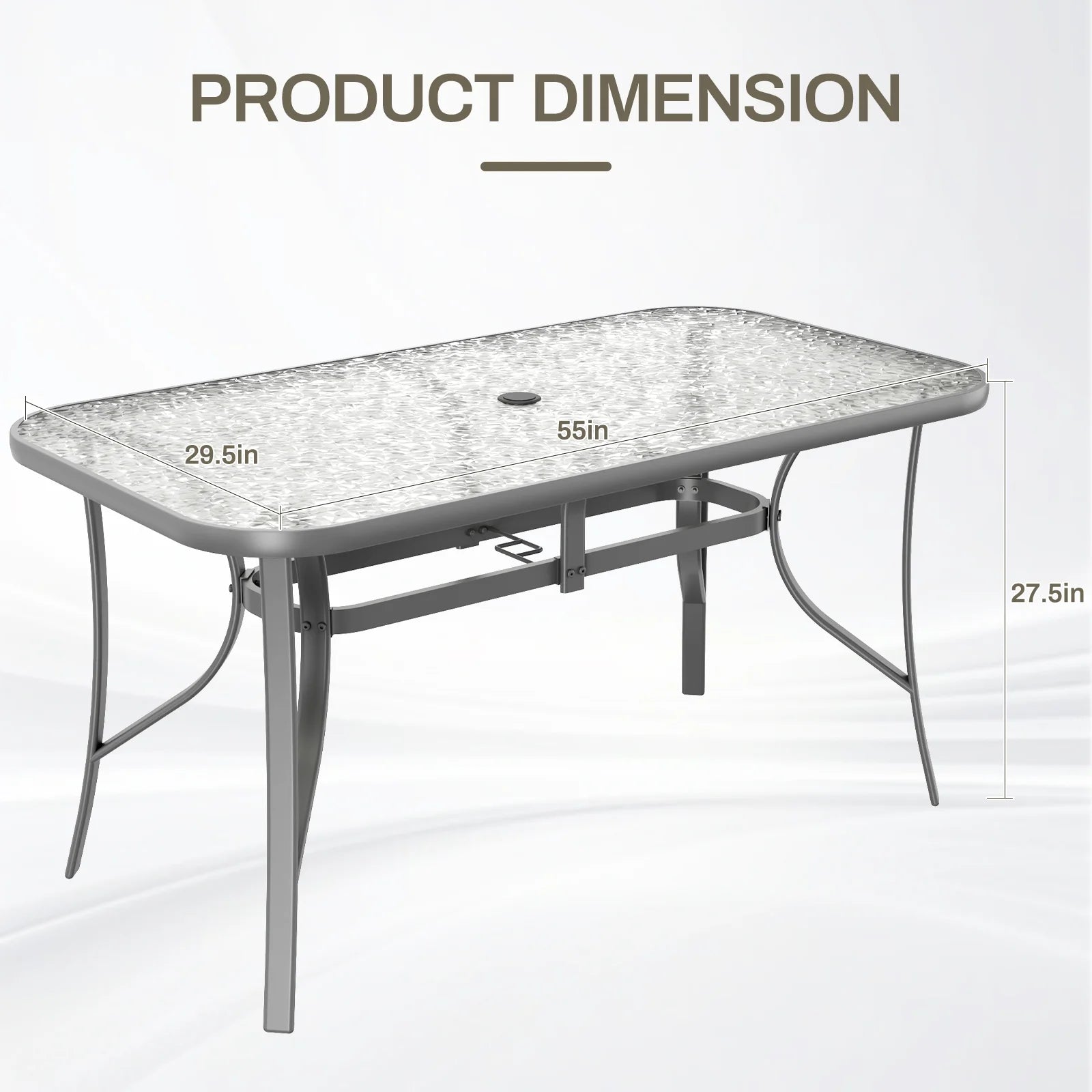 Pirecart Outdoor Glass Table with Umbrella Hole, Patio Dining Table for 6, for Garden, Balcony, Backyard, Poolside, Lawn, Gray
