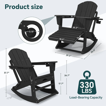 KINGYES Folding Adirondack Rocker Chair Set of 2 W/Footrest & Dual Cup Holders, HDPE Outdoor Patio Rocking Chair, Black