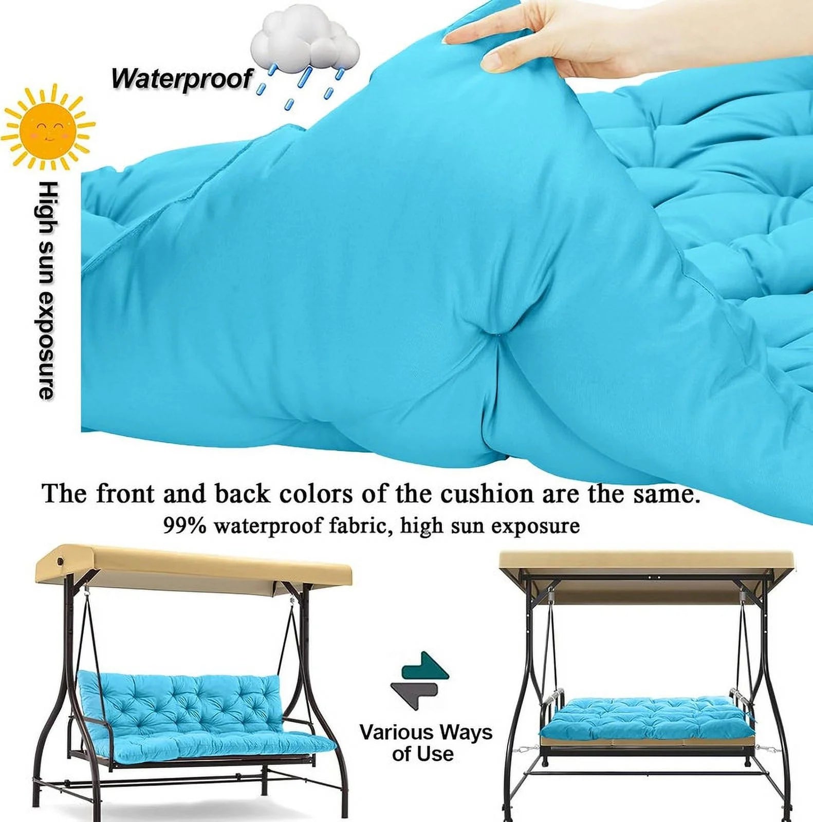 Replacement Cushions for Swing, Waterproof Porch Swing Cushion, 2-3 Seat Outdoor Bench Cushion with Backrest for Patio Furniture Garden Porch Loveseat Glider Pad (Sky Blue 70*40in)