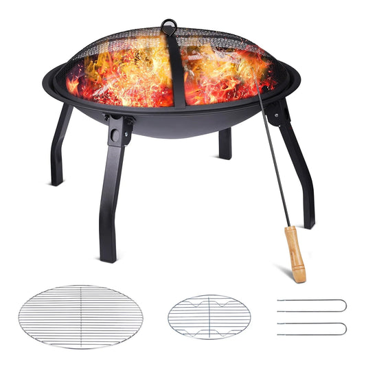 SUNOYAR Fire Pit, 22in Foldable Fire Pits Wood Burning Outdoor Firepit with Spark Screen, Poker for Bonfire Patio Backyard Garden Picnic, Black