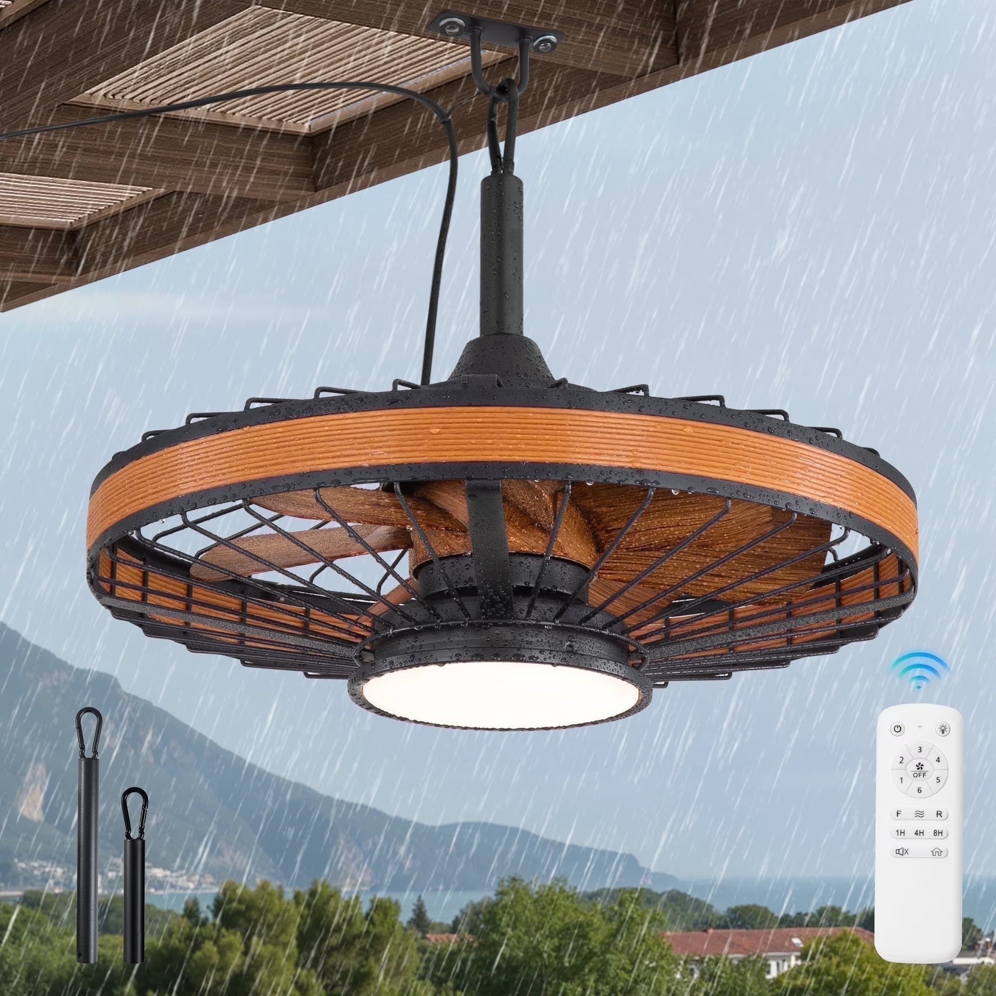 Zardon 20" Outdoor Ceiling Fan with Light and Remote, 7 Blades Caged Waterproof Gazebo Fan for Patio, Porch, Pergola Canopy, App Control