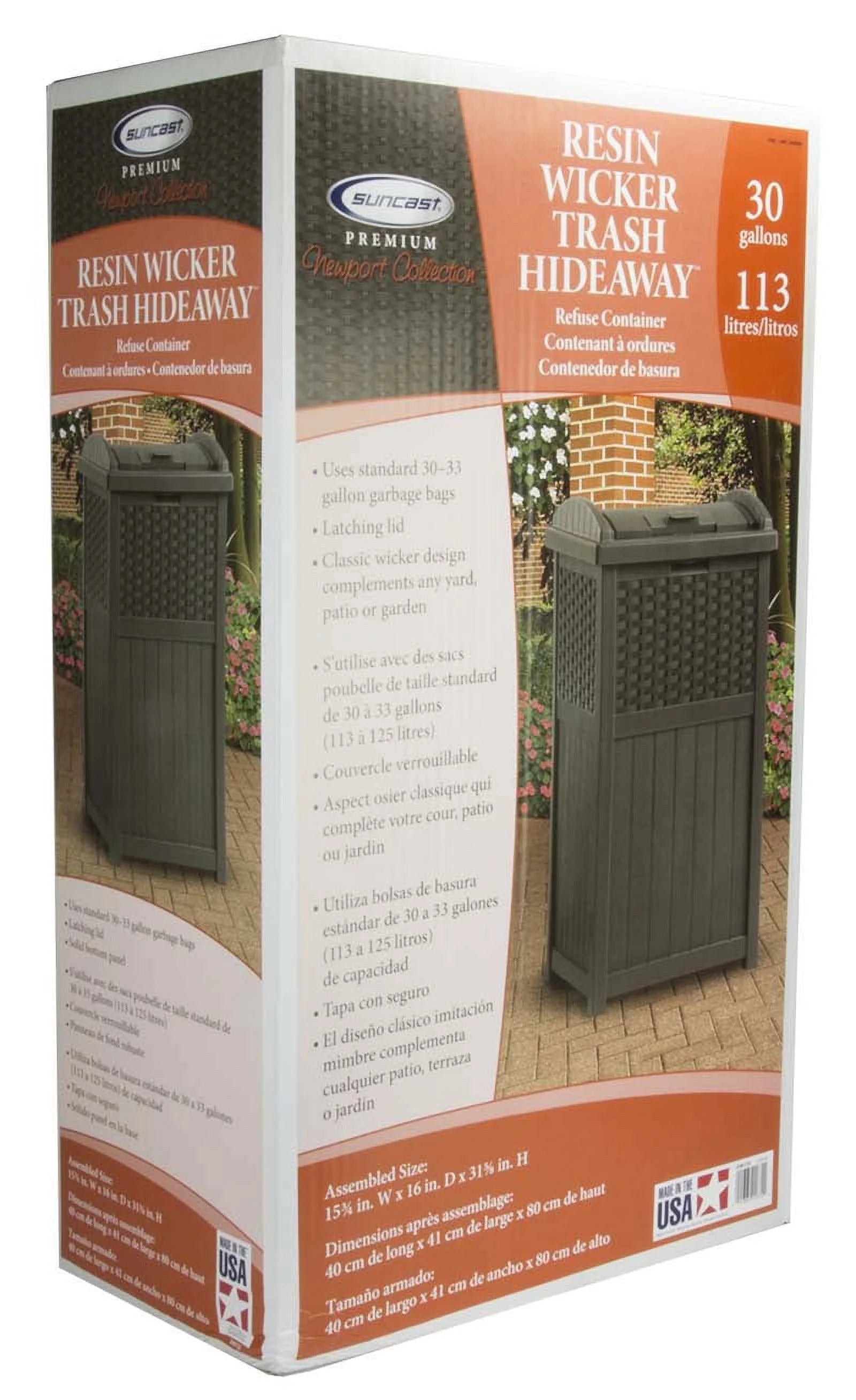 Suncast 77 Quart Patio Cooler w/Cabinet and Basket w/Wicker Trash Hideaway