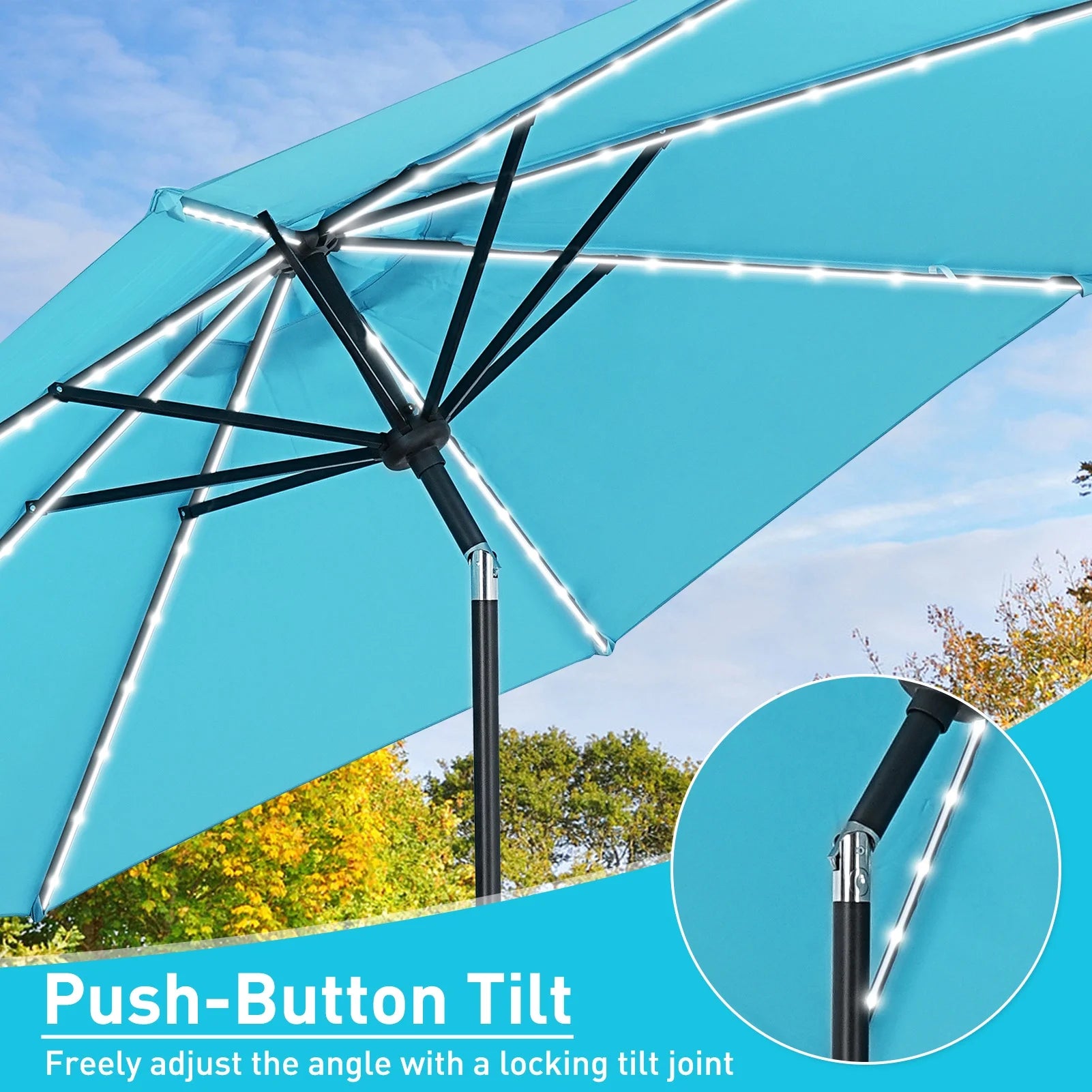 Autlaycil 10 FT Solar LED Lighted Patio Umbrella with LED Table Umbrella with 8 LED Strip Lights, Fade-resistant & Waterproof for Garden, Backyard, Poolside, Push Button Tilt (Blue)