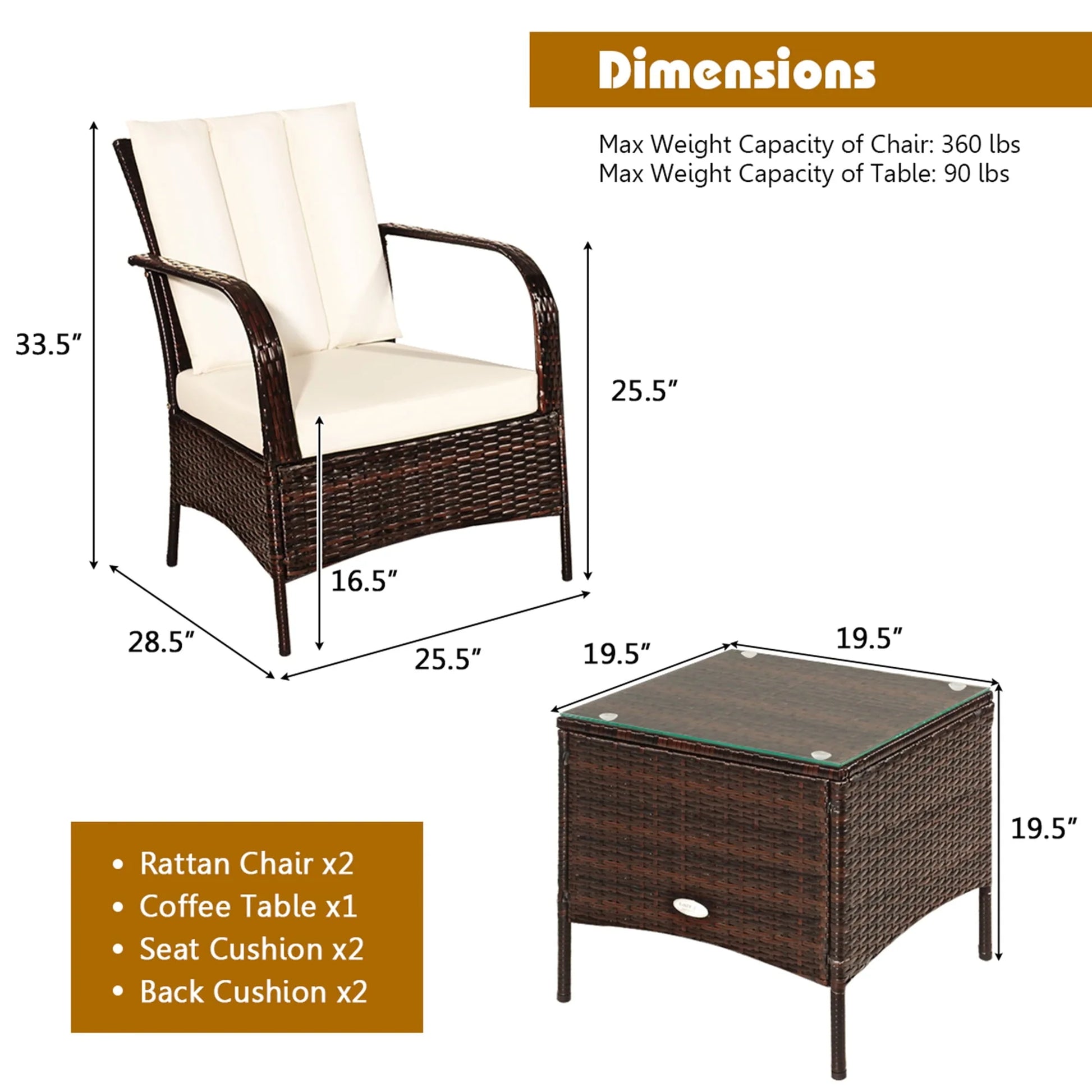 Gymax 3PCS Patio Outdoor Rattan Conversation Set Furniture Set w/Table Cushions