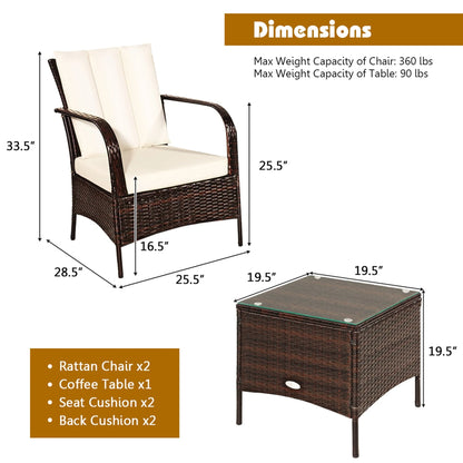 Gymax 3PCS Patio Outdoor Rattan Conversation Set Furniture Set w/Table Cushions