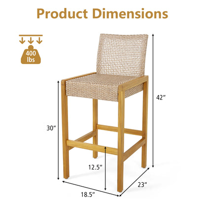 Costway Set of 2 Patio Wood Barstools Rattan Bar Height Chairs with Backrest Porch Balcony