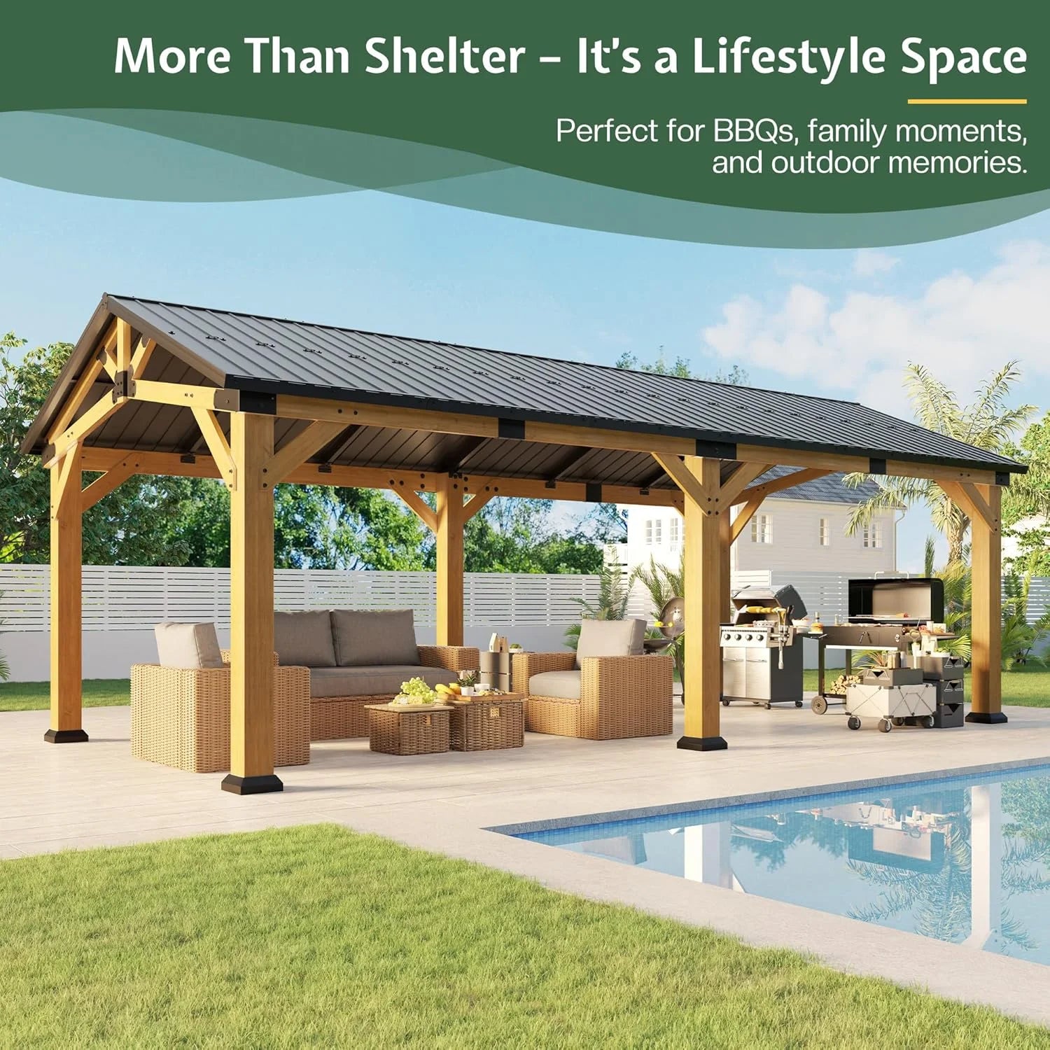 Jocisland 12'x24' Cedar Wood Hardtop Gazebo with Waterproof Outdoor Carport Pavilion,Steel Roof,Heavy-Duty Snow & Wind Resistant Canopy for Patio, Driveway, Garden