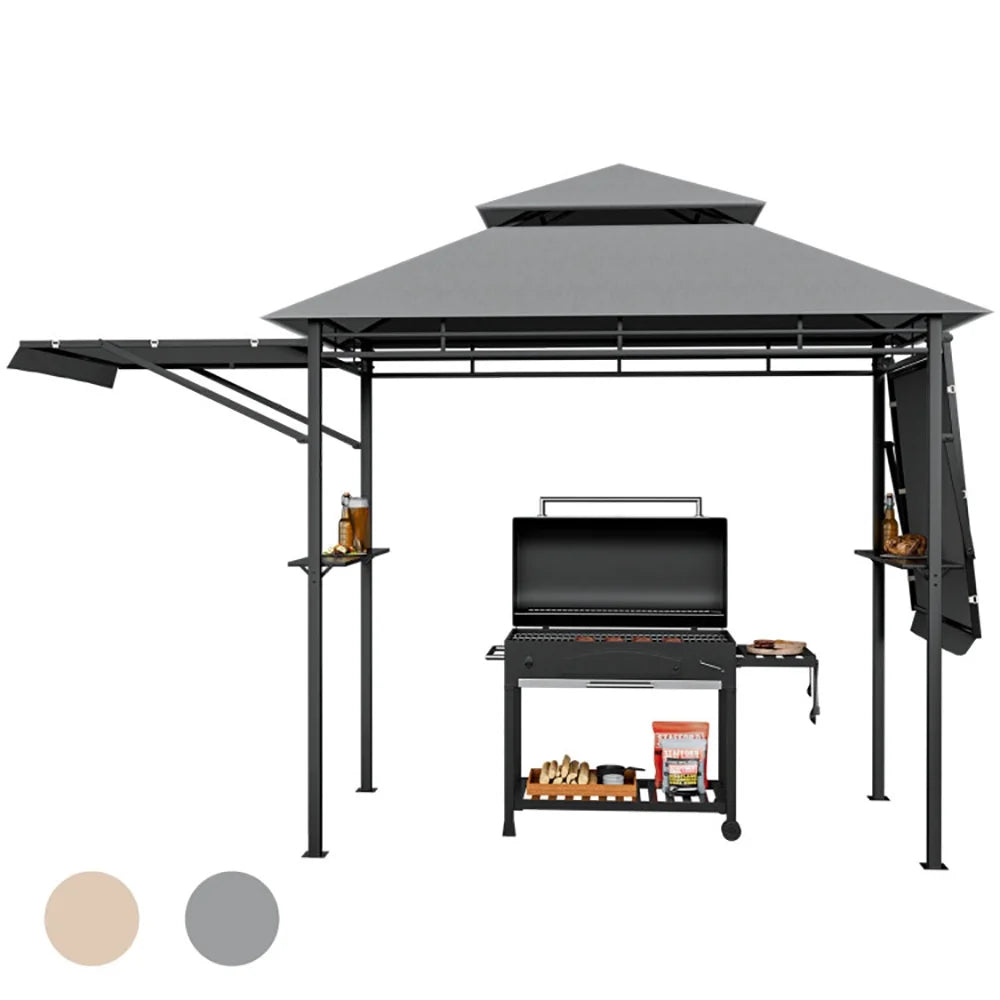 GVN 13.5 x 4 Feet Patio BBQ Grill Canopy Canopy with Dual Side Awnings-Gray, Outdoor Patio Canopy with Hardtop Roof for Garden, Backyard and Deck