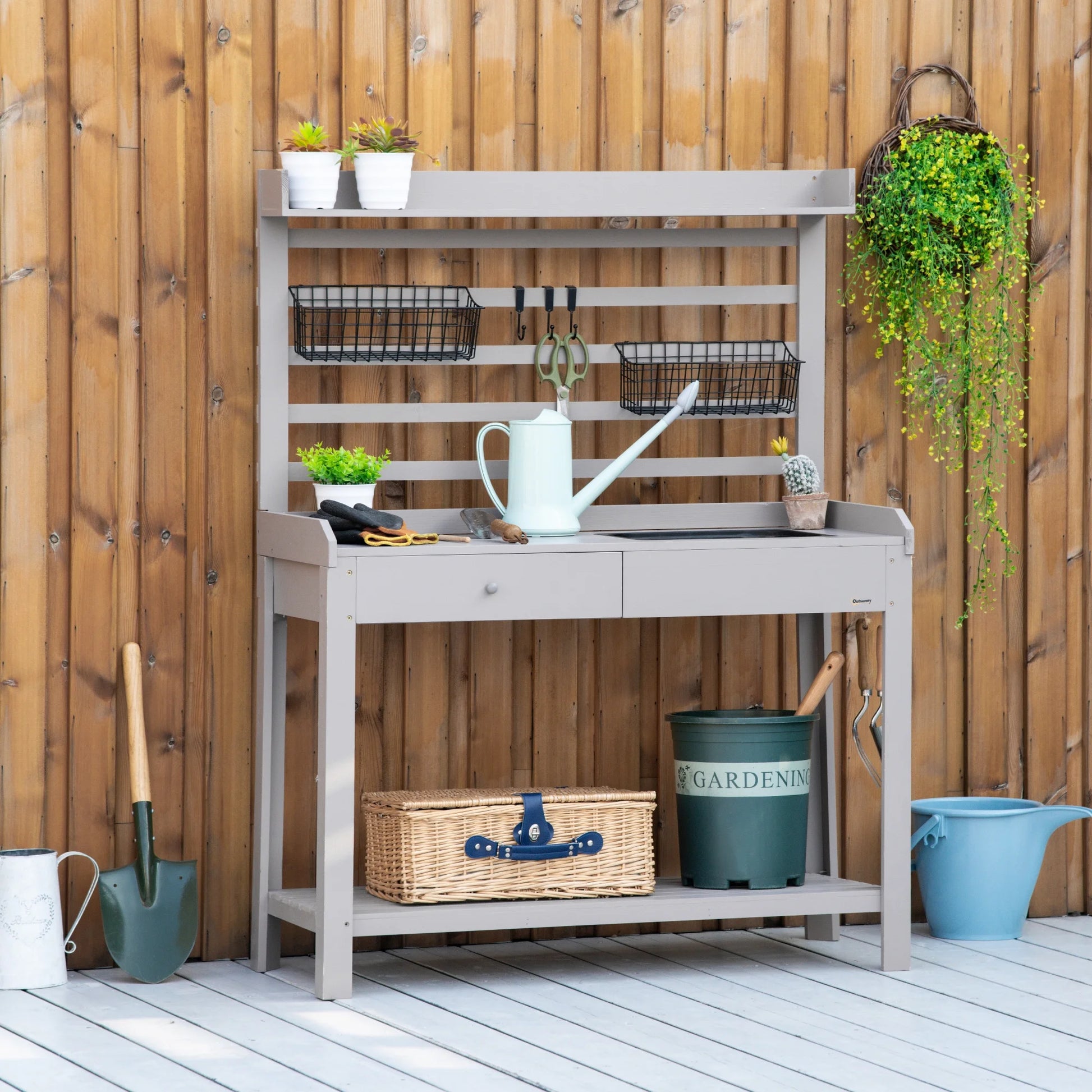 Outsunny Potting Bench Table, Garden Work Bench, Workstation with Metal Sieve Screen, Removable Sink, Additional Hooks and Baskets for Patio, Courtyards, Balcony, Natural