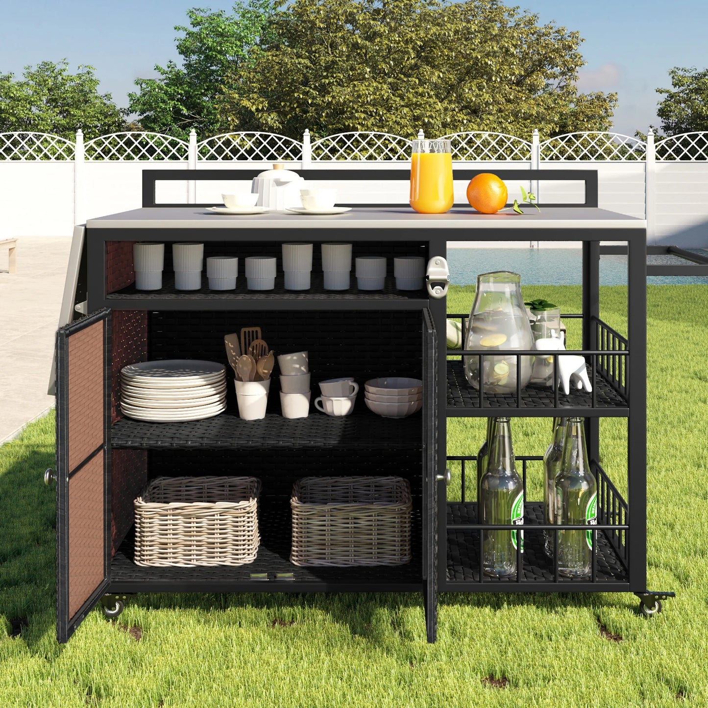 Euroco Outdoor Rolling Bar Cart with Foldable Stainless Steel Tabletop, Storage Cabinet, Bottle Opener & Lockable Wheels, PE Rattan Patio Kitchen Serving Station for BBQ & Entertaining