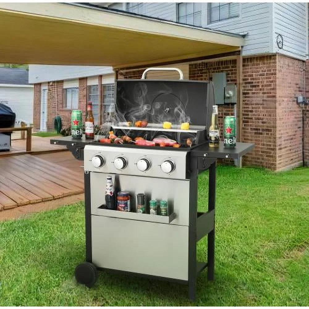 Yiweny 3 Burner BBQ Propane Gas Grill, Stainless Steel 25650 BTU Patio Garden Barbecue Grill with Bottle Opener, Two Foldable Side Shelves & Thermometer, Perfect for Camping, Outdoor Cooking.
