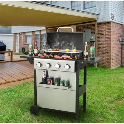 Yiweny 3 Burner BBQ Propane Gas Grill, Stainless Steel 25650 BTU Patio Garden Barbecue Grill with Bottle Opener, Two Foldable Side Shelves & Thermometer, Perfect for Camping, Outdoor Cooking.