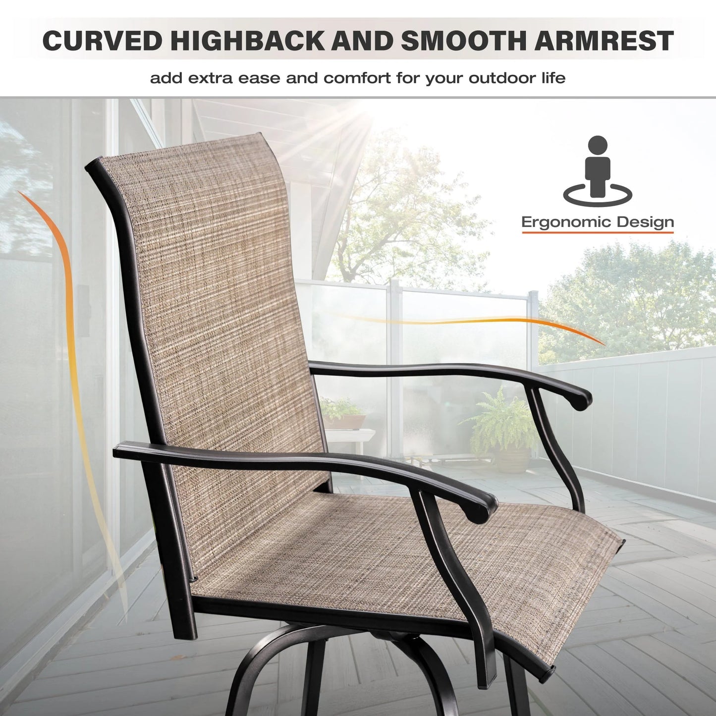 Sophia & William 2 Pcs Outdoor Swivel Metal Bar Stools Patio Height Textilene Chairs in Brown